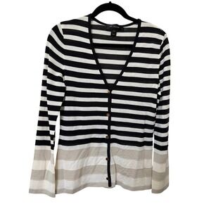St John Striped V-Neck Cardigan Sweater Black White Beige Gold Buttons Petite P